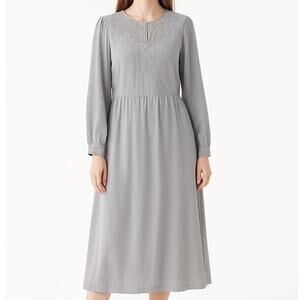 Vintage 80s Purple Silk Long Sleeve Dress Womens Large Retro Modest Cottage Midi